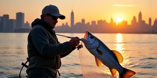 Guide netting a large striped bass on the Hudson River at sunrise