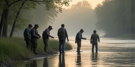 Veterans participating in a therapeutic fly fishing outing on a tranquil river